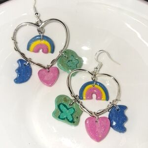 Lucky Charms - Colorful Heart Hoop Earrings with Rainbow, Heart & Clover Charms